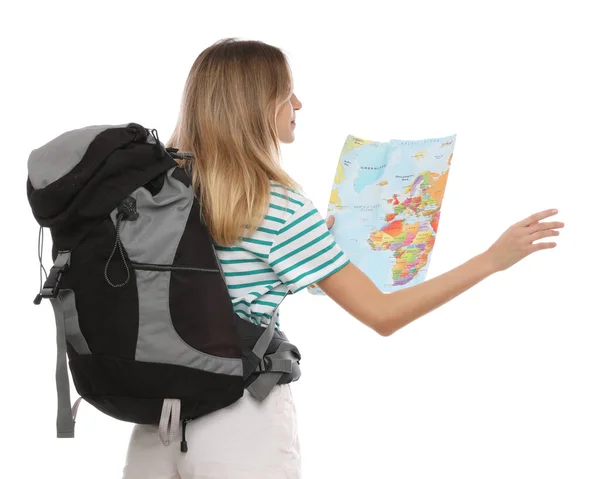 Mulher Com Mapa Mochila Fundo Branco Viagem Verão — Fotografia de Stock