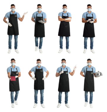 Beyaz arka planda tıbbi maske takan garsonun fotoğraflarıyla kolaj. Koronavirüs salgını sırasında koruyucu tedbirler