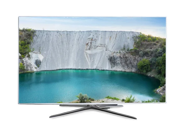Современный Широкоэкранный Телевизор Красивым Пейзажем Изолированный Белом — стоковое фото