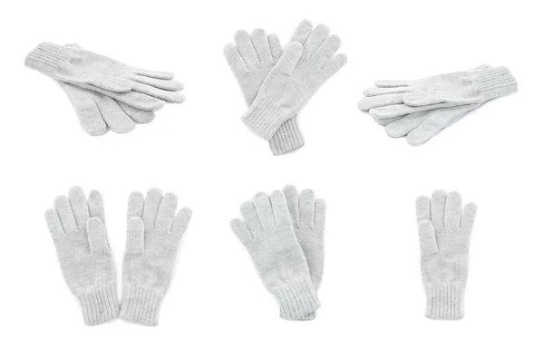 白い背景にライトグレーウールの手袋のセット — ストック写真