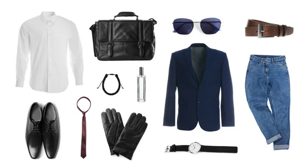 Elegante Atuendo Hombre Collage Con Ropa Moderna Guantes Otros Accesorios — Foto de Stock