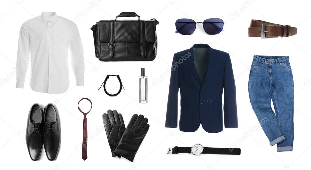 Stylish men's outfit. Collage with modern clothes, gloves and other accessories on white background, banner design 