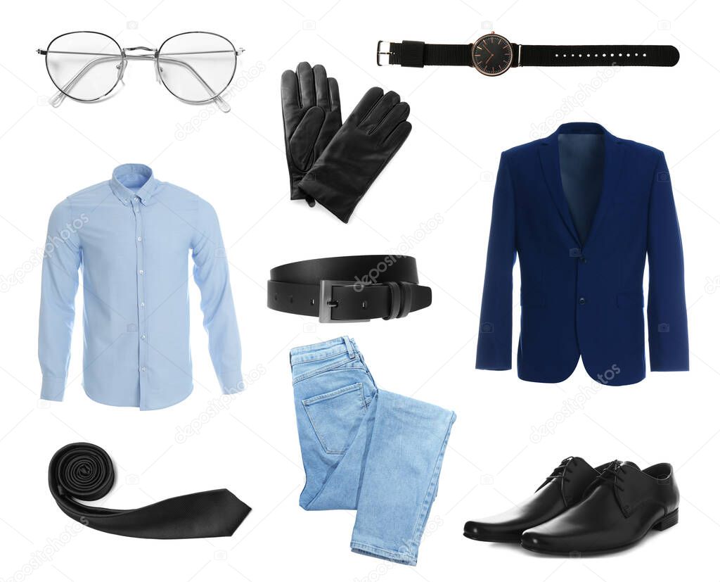 Stylish look. Collage with modern clothes, gloves and other accessories for man on white background, banner design 