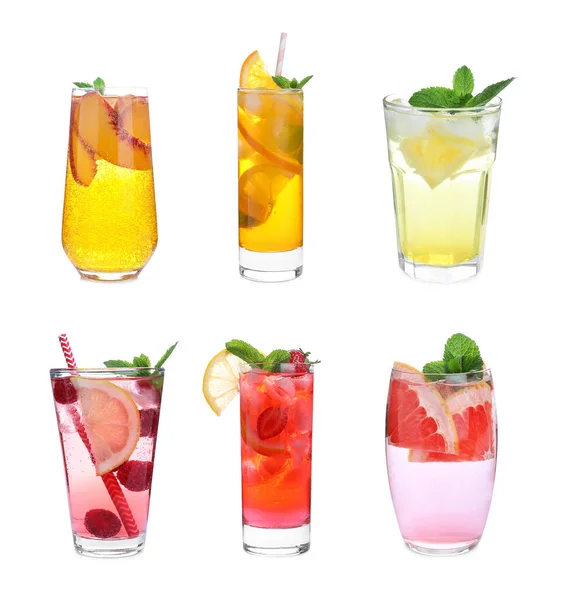 Set Diverse Bevande Alla Limonata Base Acqua Gassata Sfondo Bianco — Foto Stock