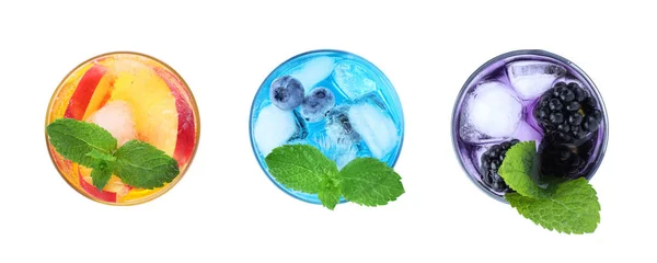 Набір Різних Освіжаючих Напоїв Виготовлених Содової Води Білому Тлі Вид — стокове фото