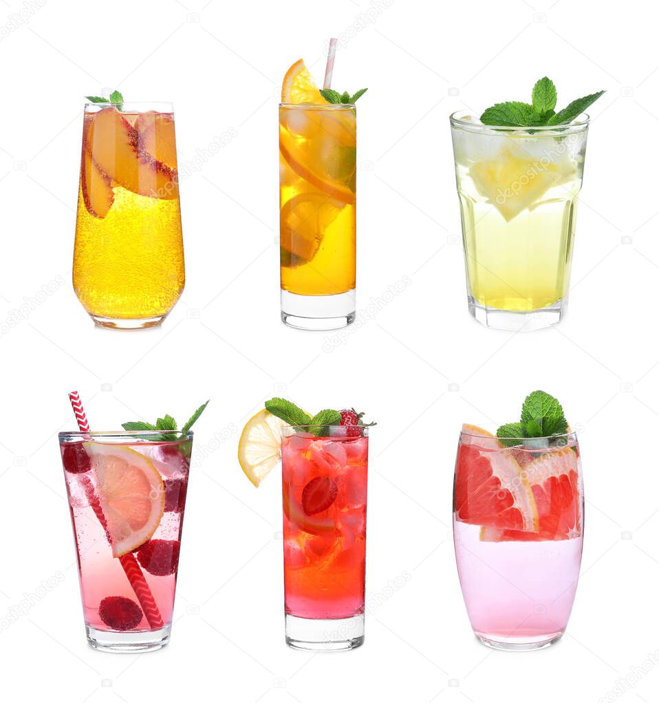Set of different lemonade drinks made with soda water on white background