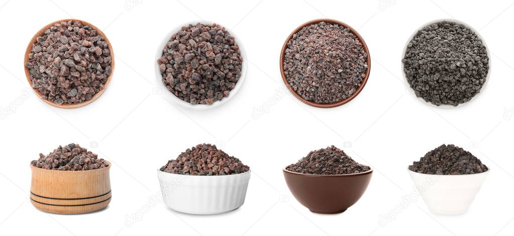 Set of bowls with black salt isolated on white, top and side view. Banner design 