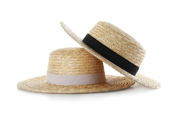 Chapéus Palha Isolados Branco Acessório Elegante — Fotografia de Stock