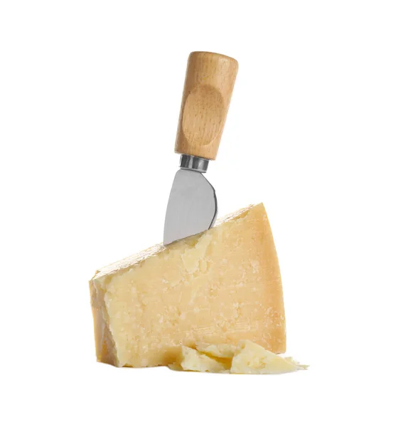 Kousek Parmezánu Sýr Nůž Bílém Pozadí — Stock fotografie
