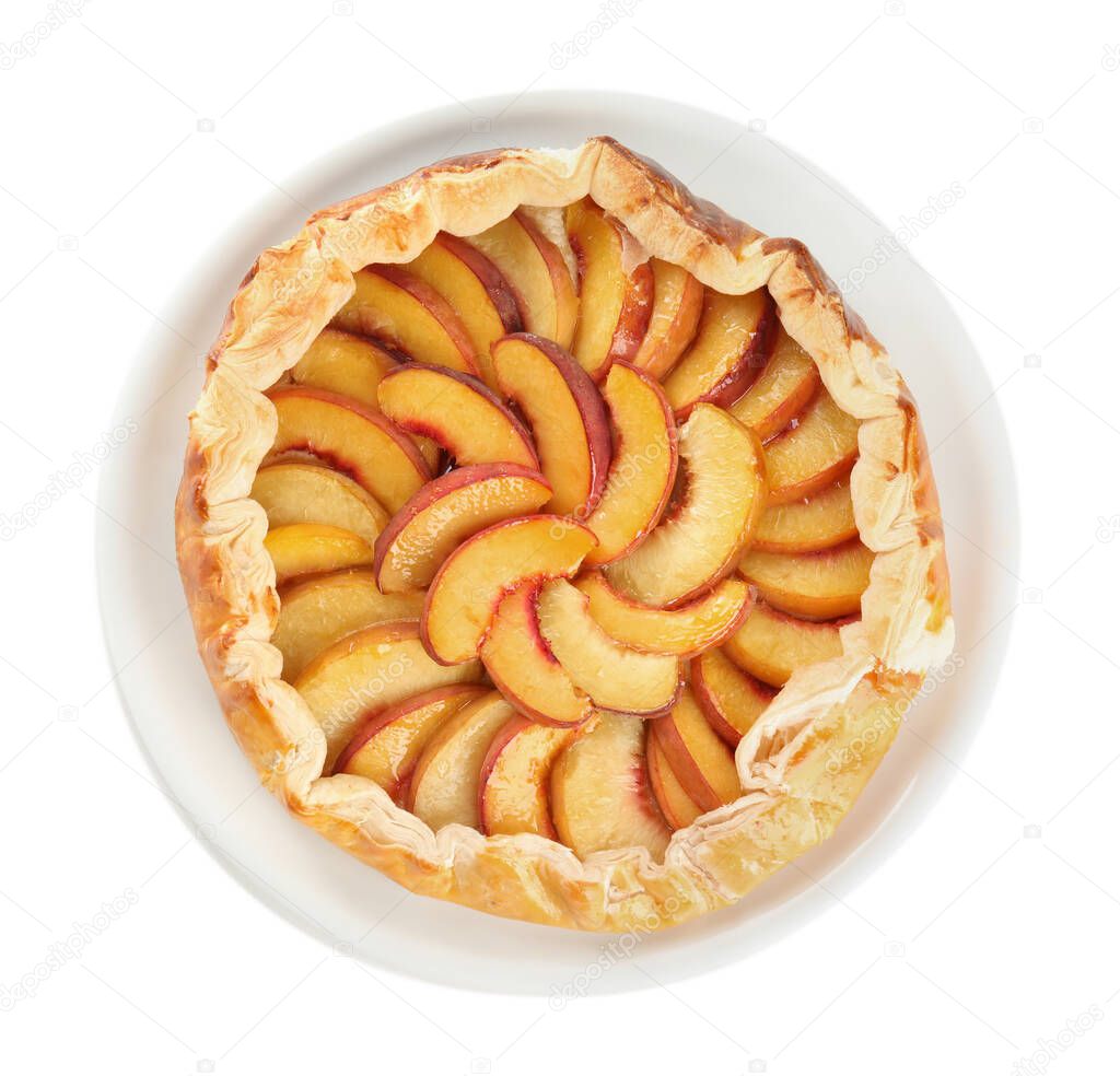 Delicious fresh peach pie isolated on white, top view