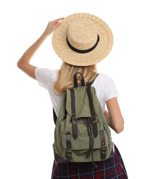 Woman Backpack Straw Hat White Background Back View Summer Travel — Stock Photo, Image