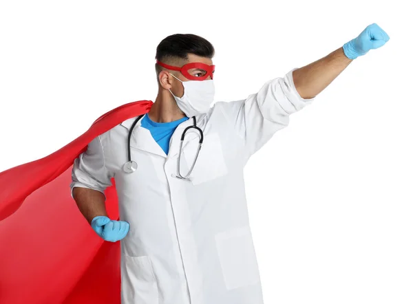 Doctor Wearing Face Mask Cape White Background Super Hero Power — Stock Photo, Image