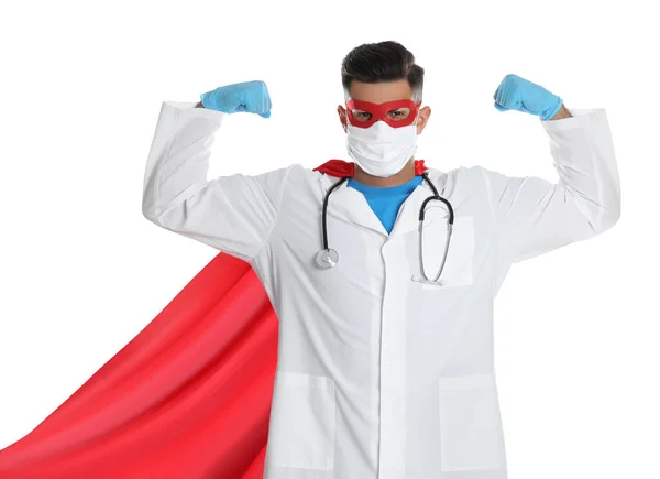 Doctor Wearing Face Mask Cape White Background Super Hero Power — Stock Photo, Image