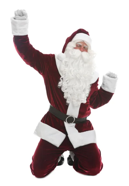 Fröhlicher Weihnachtsmann Auf Knien Vor Weißem Hintergrund — Stockfoto