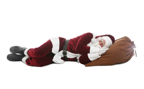 Santa Claus Durmiendo Saco Sobre Fondo Blanco — Foto de Stock