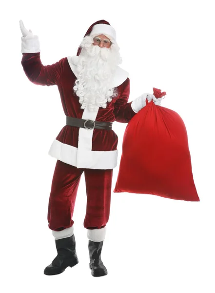Санта Клаус Мешком Белом Фоне — стоковое фото