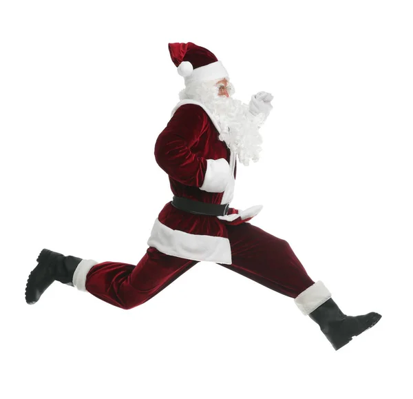 Санта Клаус Красном Костюме Прыгает Белом Фоне — стоковое фото