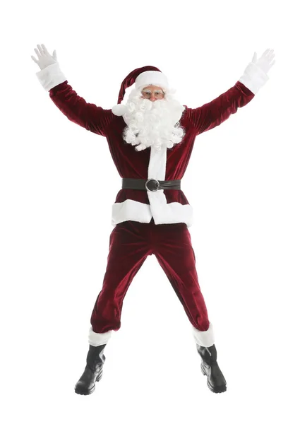 Санта Клаус Красном Костюме Прыгает Белом Фоне — стоковое фото