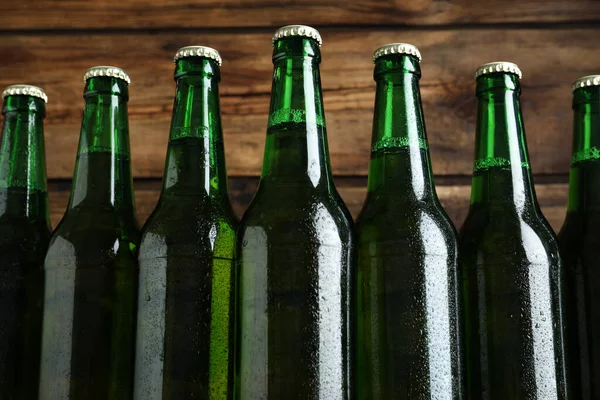 Bottles Beer Wooden Background Closeup — Stock Photo, Image