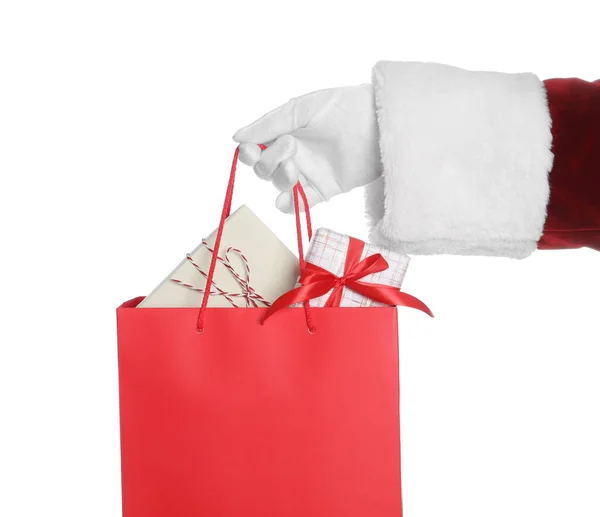 Santa Holding Paper Bag Gift Boxes White Background Closeup — Stock Photo, Image
