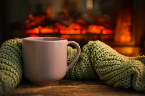 Cup Hot Drink Knitted Blanket Table Fireplace — Stock Photo, Image