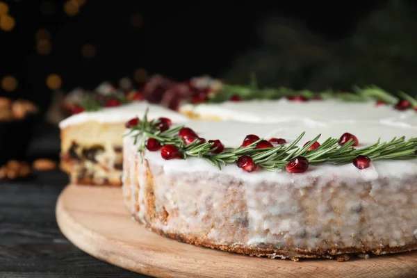 Traditional Homemade Christmas Cake Wooden Table Closeup — Stock Photo, Image