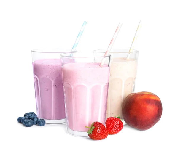 Three Tasty Milk Shakes White Background — Stock Photo, Image