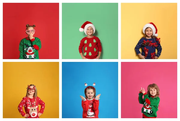 Collage Met Foto Van Leuke Kinderen Verschillende Kerst Truien Kleur — Stockfoto