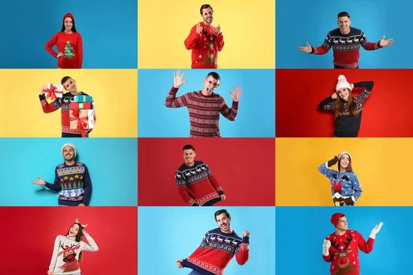 Collage Con Fotos Mujeres Hombres Diferentes Suéteres Navidad Fondos Color —  Fotos de Stock