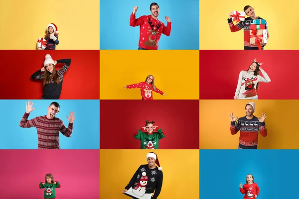 Collage Photos Adults Children Different Christmas Sweaters Color Backgrounds — Stock Photo, Image