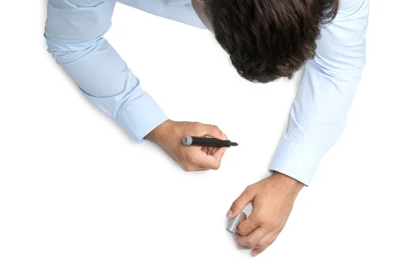 Man Met Stift Witte Achtergrond Bovenaanzicht Sluiten Van Handen — Stockfoto
