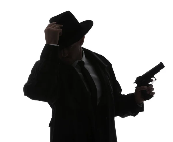 Detective Anticuado Con Pistola Sobre Fondo Blanco — Foto de Stock