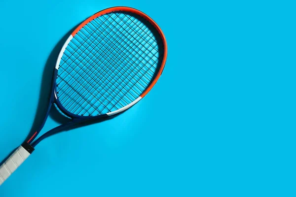 Tennis Racket Blue Background Top View Space Text — Stock Photo, Image