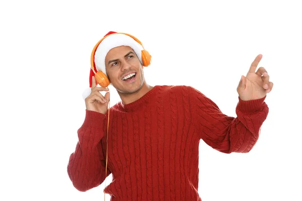 Homme Émotionnel Avec Écouteurs Sur Fond Blanc Musique Noël — Photo