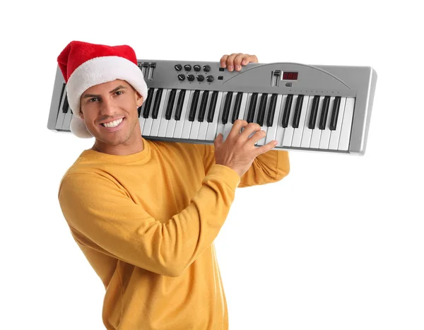 Man Santa Hat Playing Synthesizer White Background Christmas Music — Stock Photo, Image