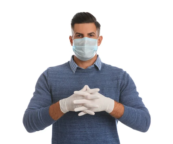 Man Wearing Protective Face Mask Medical Gloves White Background — Stock Photo, Image