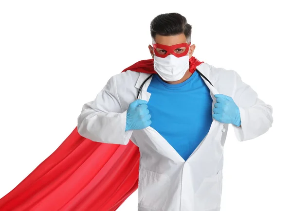 Médico Con Máscara Facial Capa Sobre Fondo Blanco Poder Superhéroe —  Fotos de Stock