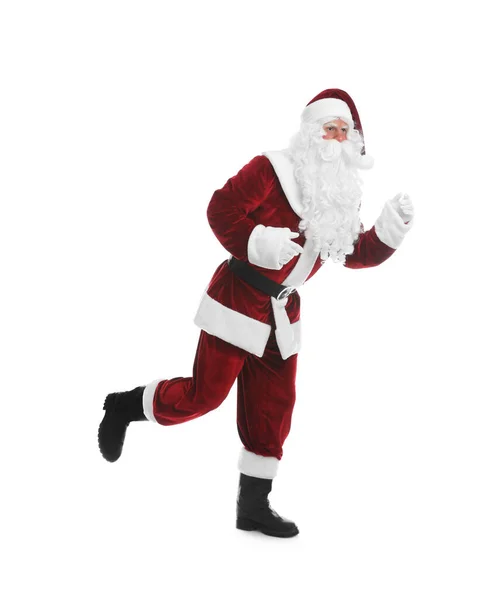 Санта Клаус Костюме Бегущий Белом Фоне — стоковое фото