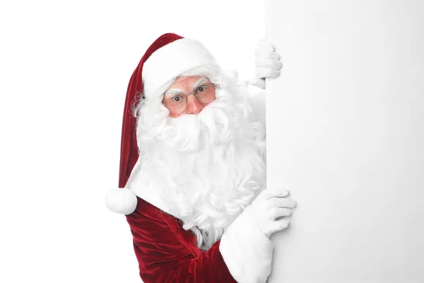 Santa Claus Con Banner Blanco Sobre Fondo Blanco —  Fotos de Stock