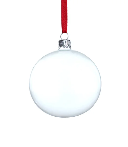 Bola Natal Vidro Transparente Com Fita Vermelha Isolada Branco — Fotografia de Stock