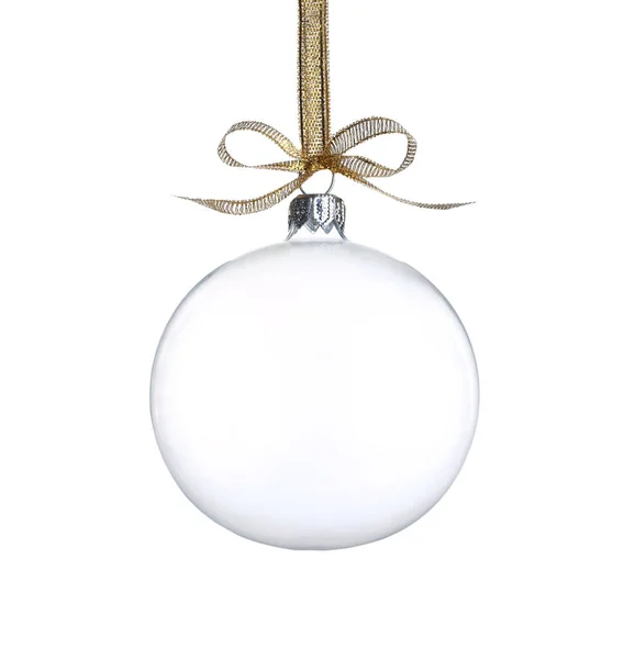 Transparent Glass Christmas Ball Golden Ribbon Bow Isolated White — Stock Photo, Image