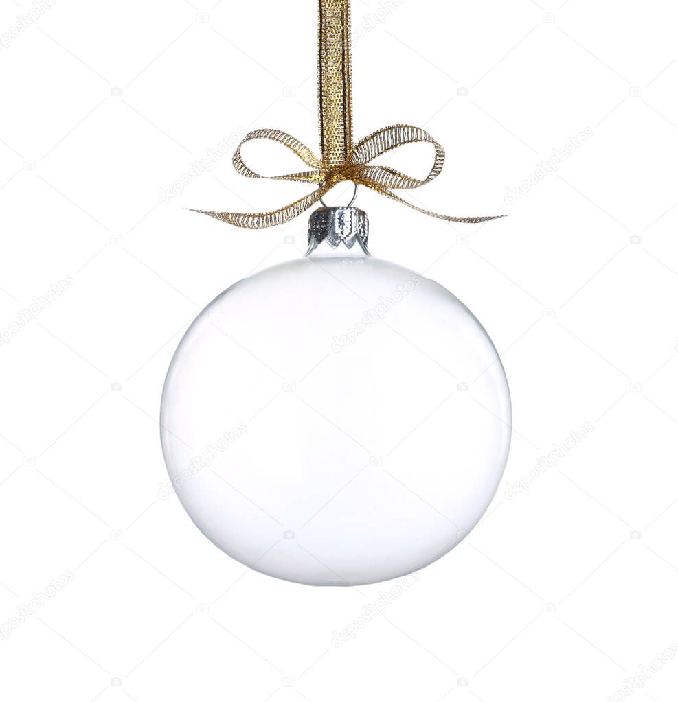 Transparent glass Christmas ball with golden ribbon and bow isolated on white