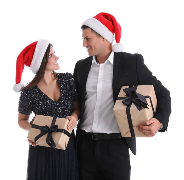 Bella Coppia Felice Santa Cappelli Che Tengono Regali Natale Sfondo — Foto Stock