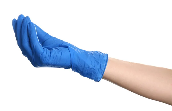 Woman Blue Latex Gloves Holding Something White Background Closeup Hand — Stock Photo, Image