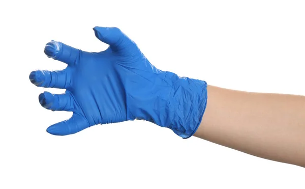 Woman Blue Latex Gloves Holding Something White Background Closeup Hand — Stock Photo, Image