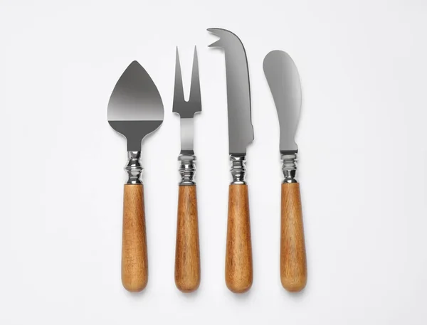 Cuchillos Queso Tenedor Sobre Fondo Blanco Vista Superior — Foto de Stock