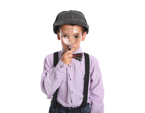 Niño Pequeño Con Lupa Jugando Detective Sobre Fondo Blanco —  Fotos de Stock