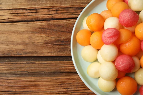 Melon Dan Bola Semangka Meja Kayu Pandangan Atas Ruang Untuk — Stok Foto