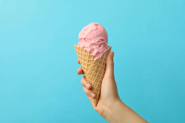 Woman Holding Waffle Cone Delicious Pink Ice Cream Light Blue — Stock Photo, Image