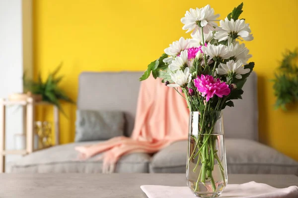 Beautiful Bouquet Chrysanthemum Flowers Grey Table Indoors Space Text Interior — Stock Photo, Image
